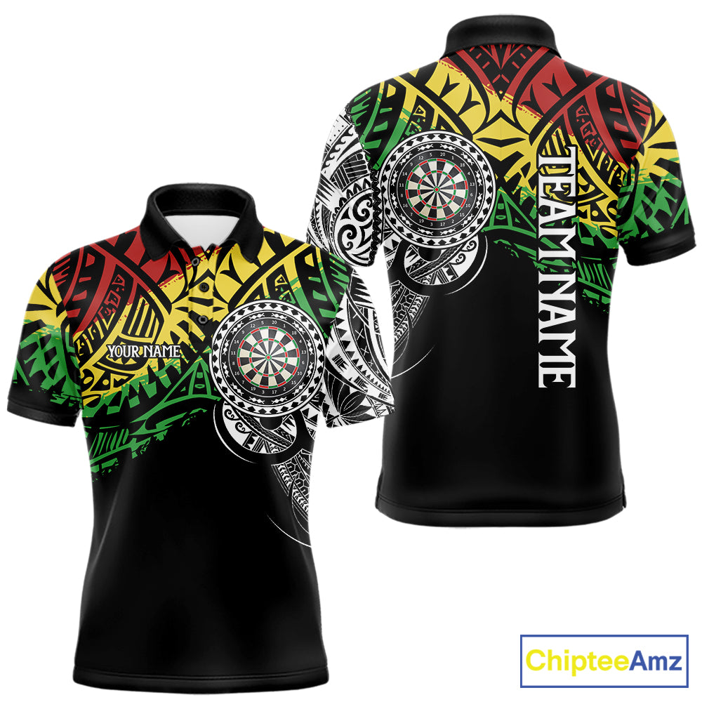 Custom tribal darts polo jersey for men with bold graphics and personalized player name style.