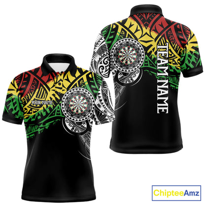 Custom tribal darts polo jersey for men with bold graphics and personalized player name style.