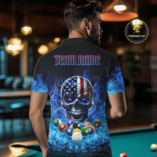 Load image into Gallery viewer, Back view of man wearing a blue flame smoke pool team shirt in a billiards hall.