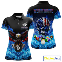 Load image into Gallery viewer, Women’s blue flame smoke eagle skull billiard polo shirt with bold American flag graphics.