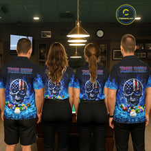 Load image into Gallery viewer, Back view of pool players wearing custom blue flame billiard shirts in a game room.
