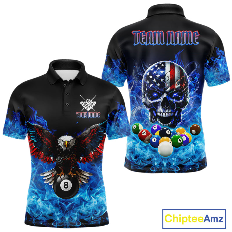 Men’s blue flame smoke eagle skull billiard polo shirt with bold American flag graphics.