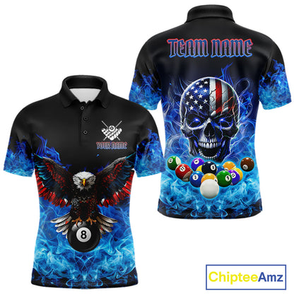 Men’s blue flame smoke eagle skull billiard polo shirt with bold American flag graphics.