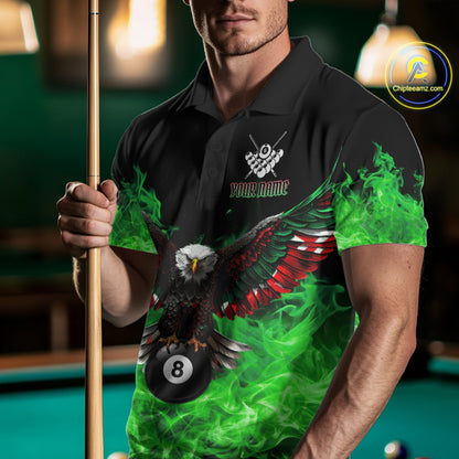 Man wearing a green flame eagle skull billiard jersey beside a pool table front view.