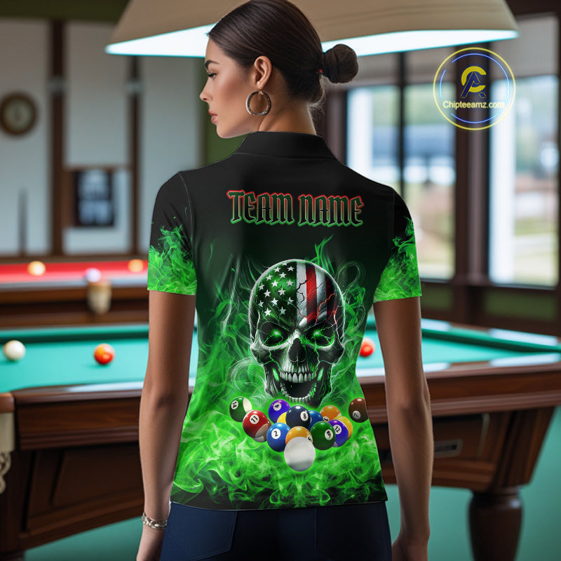 Back view of woman wearing a green flame eagle skull pool team shirt in a billiards hall.