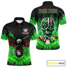 Load image into Gallery viewer, Men’s green flame eagle skull billiard polo shirt with patriotic pool team graphics.