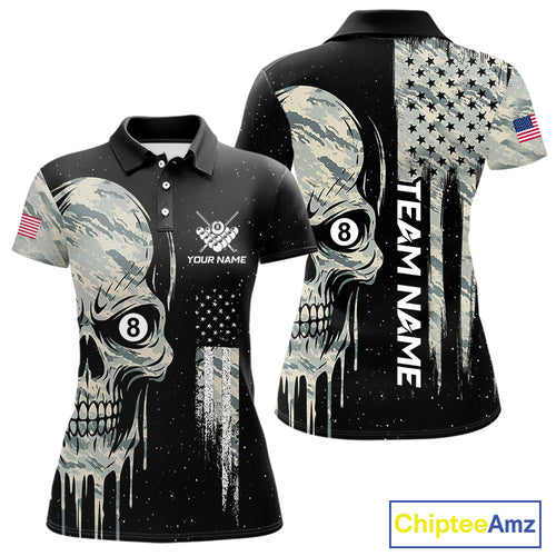 Grunge Camo Skull American Flag Billiard Shirt For Women Custom Patriotic 8 Ball Pool Team Jersey TDM4276
