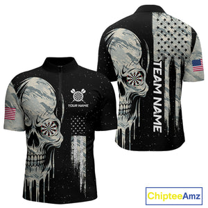 Grunge Camo Skull American Flag Dart Shirt For Men Custom Patriotic Dart Jersey Team Polo & 1/4 Zip TDM4277