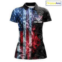 Load image into Gallery viewer, Smoke American flag 8 ball billiard polo shirt for women, custom patriotic pool team jersey.