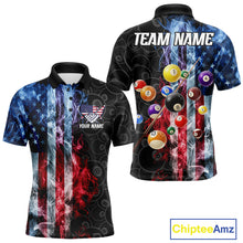 Load image into Gallery viewer, Smoke American flag 8 ball billiard polo shirt for men, custom patriotic pool team jersey.