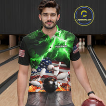 Load image into Gallery viewer, Man wearing green lightning thunder American flag bowling polo shirt front view.