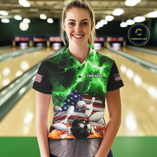 Load image into Gallery viewer, Woman wearing green lightning thunder American flag bowling polo shirt front view.