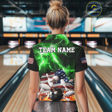 Load image into Gallery viewer, Woman wearing green lightning thunder American flag bowling polo shirt back view.
