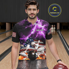 Load image into Gallery viewer, Man wearing purple lightning thunder American flag bowling quarter zip shirt front view.
