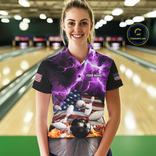 Load image into Gallery viewer, Woman wearing purple lightning thunder American flag bowling polo shirt front view.