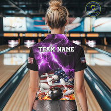 Load image into Gallery viewer, Woman wearing purple lightning thunder American flag bowling polo shirt back view.