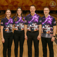Load image into Gallery viewer, Bowling team wearing matching purple lightning thunder American flag jerseys front view.