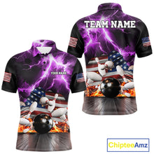 Load image into Gallery viewer, Purple lightning thunder American flag bowling team polo shirt for men, patriotic bowling jersey design.