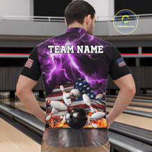 Load image into Gallery viewer, Man wearing purple lightning thunder American flag bowling quarter zip shirt back view.