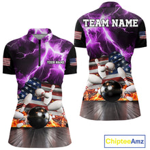 Load image into Gallery viewer, Purple lightning thunder American flag bowling quarter zip shirt for women, custom league team jersey.