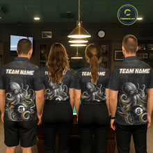 Load image into Gallery viewer, Pool team wearing matching funny octopus 8 ball billiard jerseys front view.
