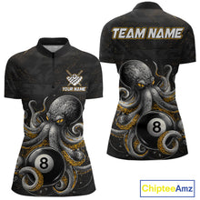 Load image into Gallery viewer, Funny octopus 9 ball quarter zip billiard shirt for women, personalized pool team jersey.