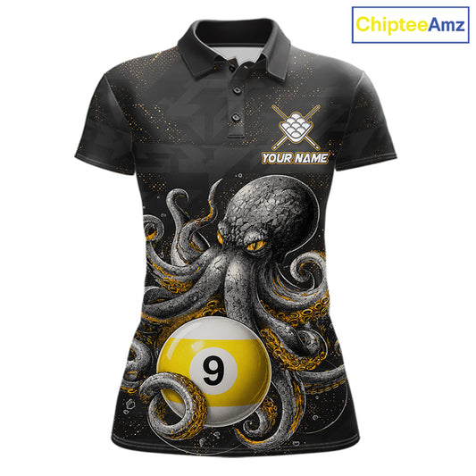 Personalized funny octopus 9 ball billiard polo shirt for women, custom pool team jersey apparel.