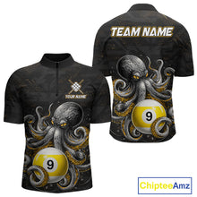 Load image into Gallery viewer, Funny octopus 9 ball quarter zip billiard shirt for men, personalized pool team jersey.