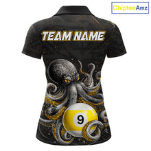 Load image into Gallery viewer, Funny octopus 8 ball and 9 ball custom billiard polo shirt for women, personalized pool player apparel.