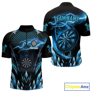 Personalized Blue Icy Lightning Darts Shirt For Men Custom Dart League Team Jersey Polo & 1/4 Zip TDM4465