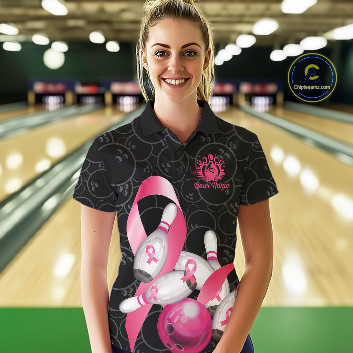 Woman wearing pink ribbon breast cancer awareness bowling team jersey polo shirt featuring pink ribbon artwork, front view.