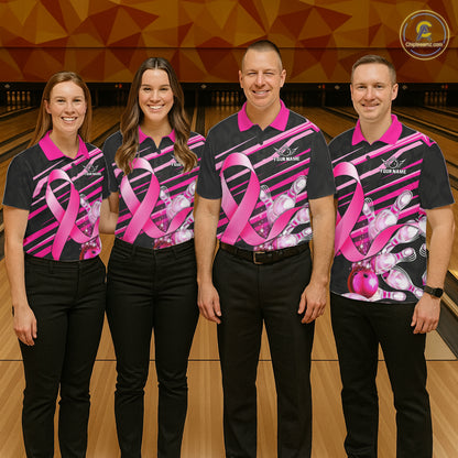 Bowling team wearing matching personalized pink ribbon breast cancer awareness bowling team jerseys, front view.