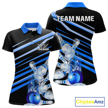 Personalized black and blue glowing bowling team jersey polo shirt for women featuring glowing blue bowling artwork, premium custom bowling league apparel for tournaments and team play.
