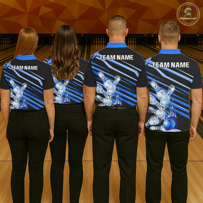 Bowling team wearing matching personalized black and blue glowing bowling team jerseys, back view.