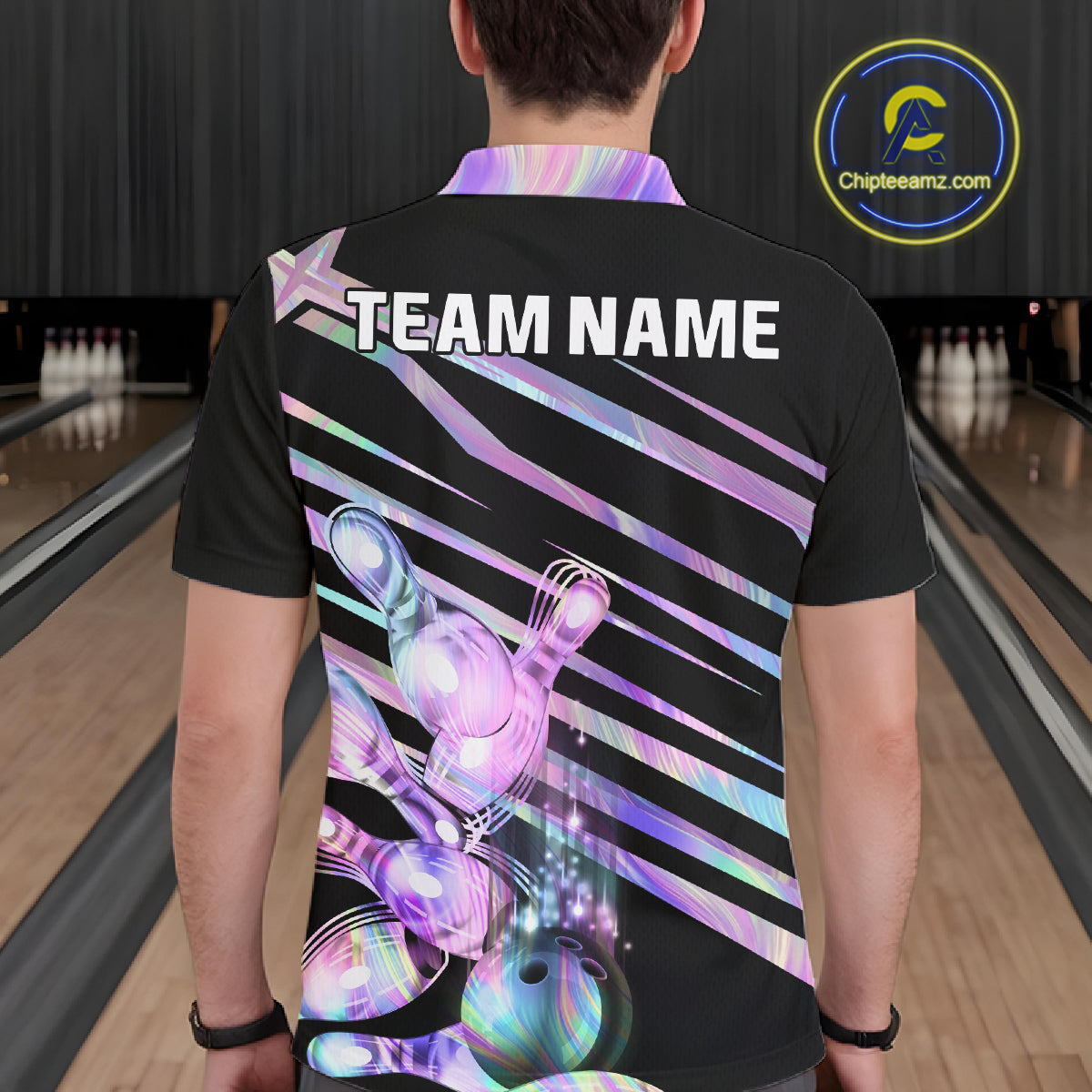 Man wearing personalized holographic bowling team jersey polo shirt featuring holographic bowling artwork, back view.