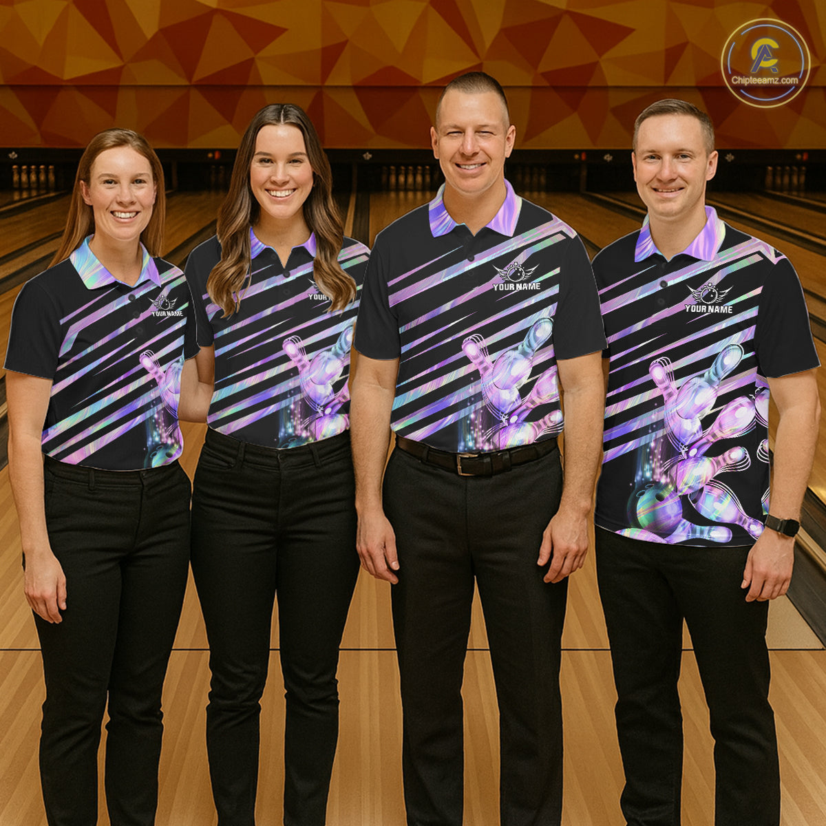 Bowling team wearing matching personalized holographic bowling team jerseys, front view.