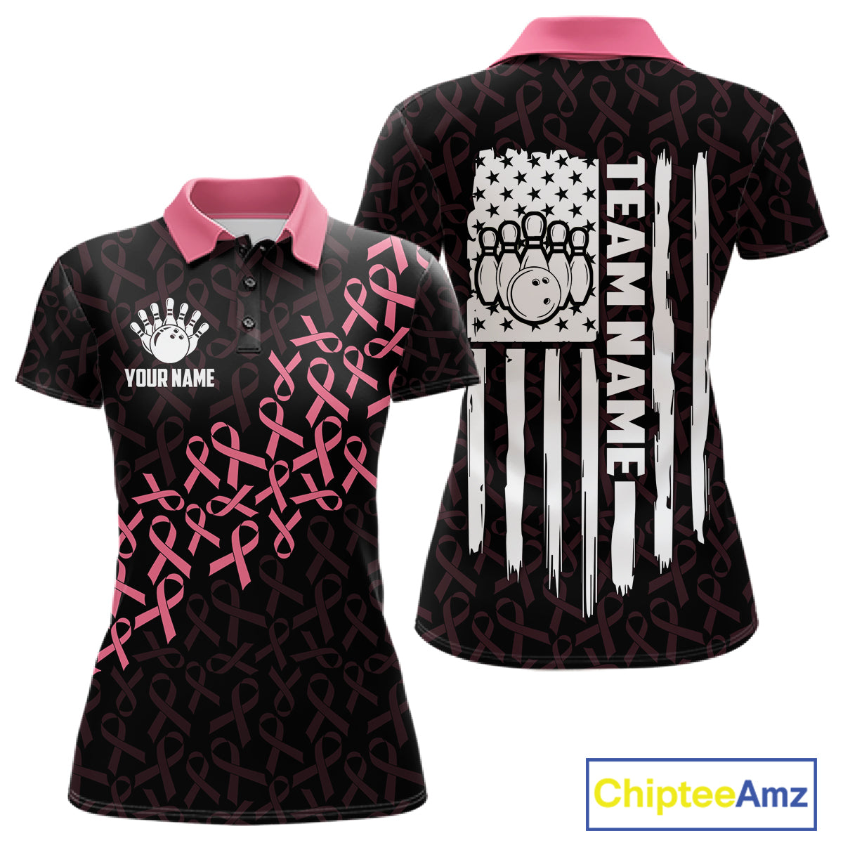 Pink ribbon American flag bowling team jersey polo shirt for women featuring patriotic USA flag and breast cancer awareness ribbon artwork, premium custom bowling apparel.