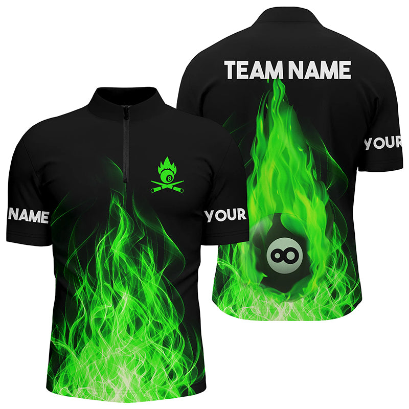 Customized Green Flaming Billiard 3D Men Quarter-Zip Shirts Custom Billiard 8 Ball Shirts TDM0452