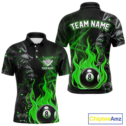 Personalized Wolf Flaming 8 Ball Pool Fire Men Billiard Shirts Team League Billiard Jerseys |Green TDM5596