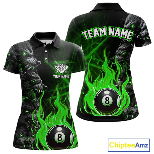 Personalized Wolf Flaming 8 Ball Pool Fire Women Billiard Shirts Team League Billiard Jerseys |Green TDM5596