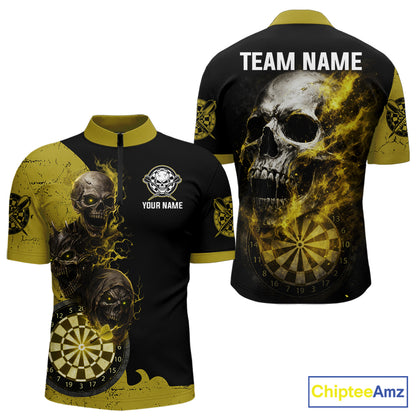 Personalized Yellow Black Skull Smoke Darts Shirt For Men Custom Darts Team Jersey Polo &1/4 Zip TDM5837