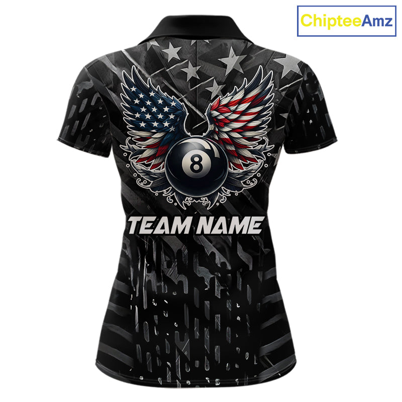 Black US Flag 8 Ball Pool Wings Billiard Shirt For Women Custom Billiard Team Jersey Polo & 1/4 Zip TDM5977