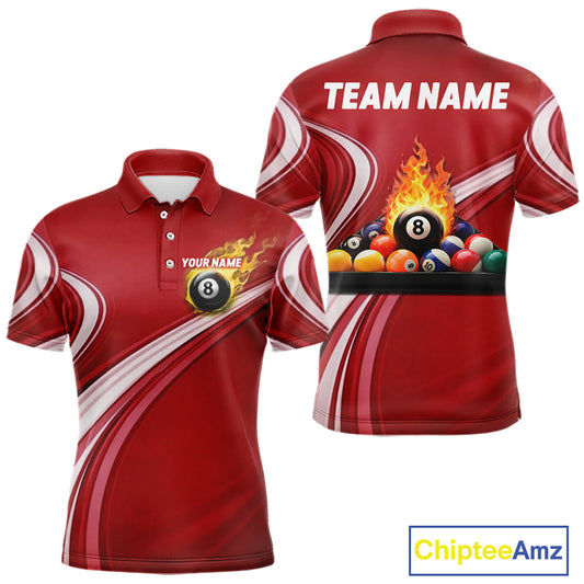 Personalized Red Billiard Jersey For Men Custom Flame 8 Ball Pool Billiard Shirt Polo & 1/4 Zip TDM6447