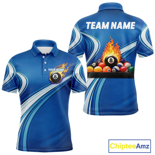 Personalized Blue Billiard Jersey For Men Custom Flame 8 Ball Pool Billiard Shirt Polo & 1/4 Zip TDM6448