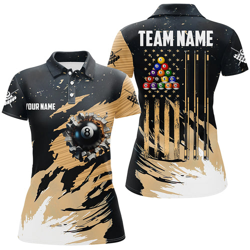 Customized Grunge American Flag 8 Ball Pool Women Billiard Shirts, Patriotic Pool Player Shirts TDM1721