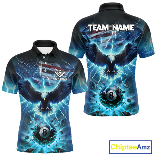 Blue American Flag Eagle Billiard Shirt For Men Custom 8 Ball Thunder Lightning Pool Team Jersey TDM4104