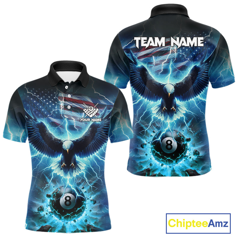 Blue American Flag Eagle Billiard Shirt For Men Custom 8 Ball Thunder Lightning Pool Team Jersey TDM4104