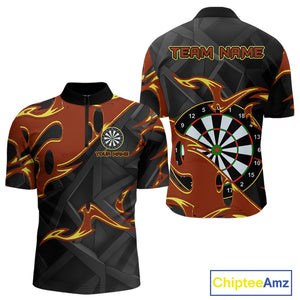 Custom Black And Orange Tribal Flame Dart Shirts For Men, Darts Team Jerseys Polo & Quarter Zip TDM4285