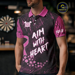 Aim With Heart Pink Ribbon Darts Shirt For Men Custom Breast Cancer Awareness Darts Jersey TDM4469