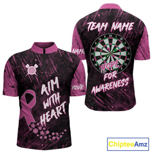 Aim With Heart Pink Ribbon Darts Shirt For Men Custom Breast Cancer Awareness Darts Jersey TDM4469